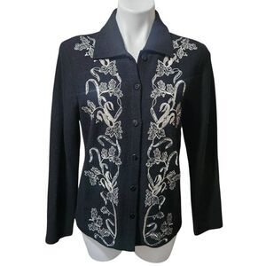 Jones New York Collection wool button front cardigan sweater black silver small